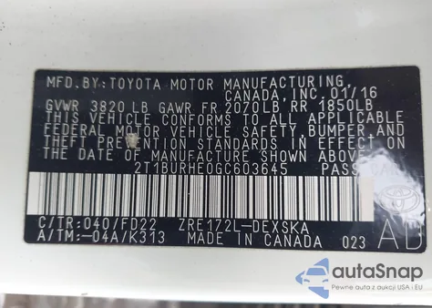 2016 Toyota Corolla S Plus из США, поврежденный, VIN 2T1BURHE0GC603645